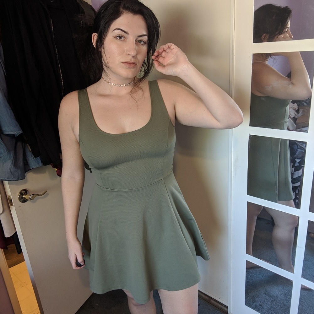 Olive Ribbed Above Knee Midi Fit and Flare Dress